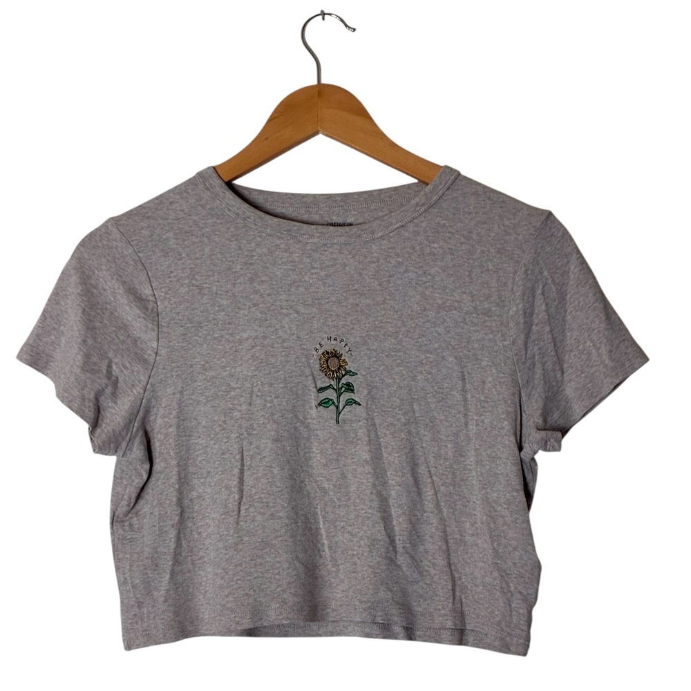 Cotton On | Gray short sleeve cotton cropped t-shirt printed Be Happy Sunflower